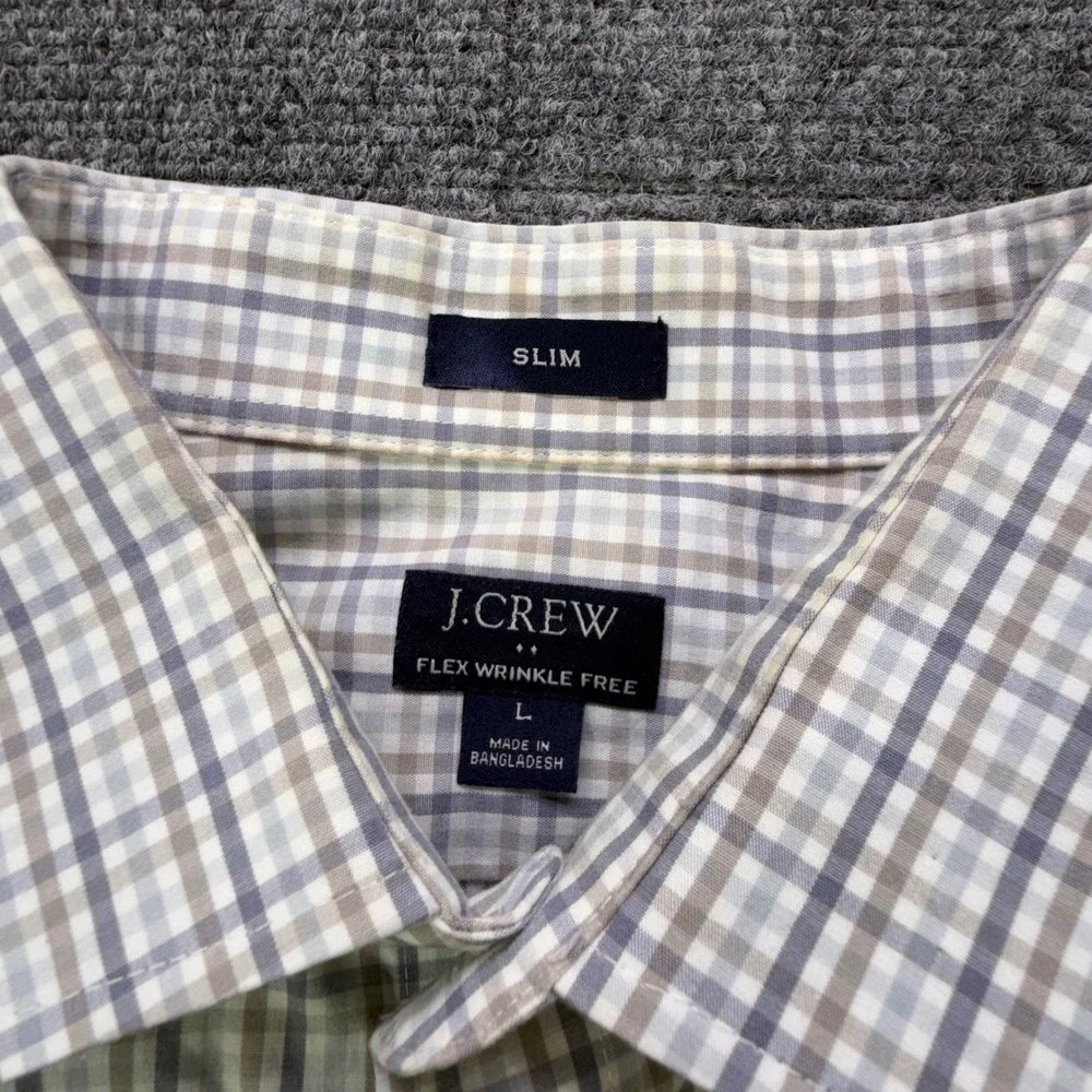 J.Crew Mens Slim Flex Wrinkle Free Plaid Button Down Shirt Blue Tan Large L